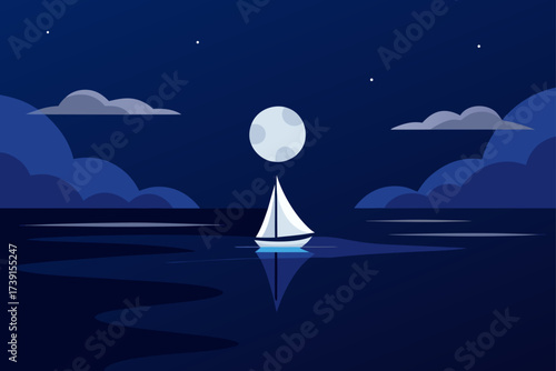 Sailboat sailing under the moonlight night