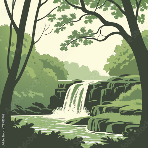 Vector art of a serene waterfall cascades over mossy rocks, framed by lush green trees, creating a tranquil scene of natures beauty and peacefulness in a vector illustration
