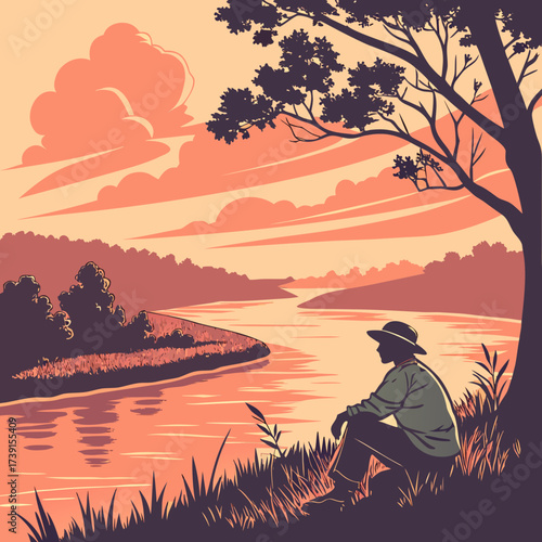Vector art of a contemplative figure sits by a tranquil river at sunset, under the shade of a tree, enjoying the peaceful scenery and the beauty of nature in a vector art