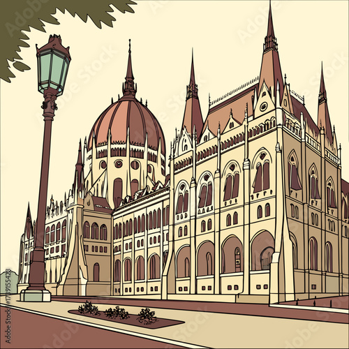 Vector art of the hungarian parliament building in budapest, a magnificent architectural landmark, stands tall against a neutral sky, showcasing its grandeur in a vector style