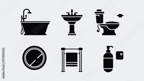 Set of six vector silhouette illustrations of bathroom fixtures and accessories scalable eps icons silhouette White background