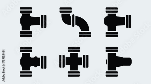 Set of six vector silhouette illustrations of plumbing pipe fittings and connectors scalable eps silhouette White background