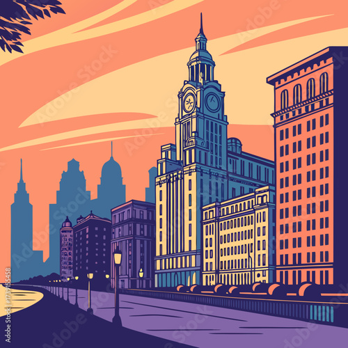 Vector art of a vibrant cityscape featuring classic buildings and a waterfront promenade under a colorful sky, capturing the essence of urban architecture and scenic beauty illustration