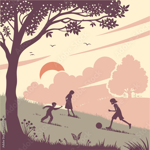 Vector art of a nostalgic scene of children playing on a grassy hill under a warm sunset, with silhouetted trees and clouds, evoking a sense of carefree joy and youthful innocence illustration