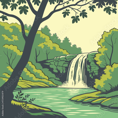 Vector art of a serene waterfall cascades into a tranquil pool, surrounded by lush green trees and foliage, with a tree in the foreground adding depth to the picturesque natural landscape