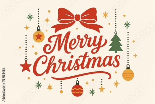 Wallpaper Mural Vintage Merry Christmas lettering with festive holiday ornaments and bow. Torontodigital.ca