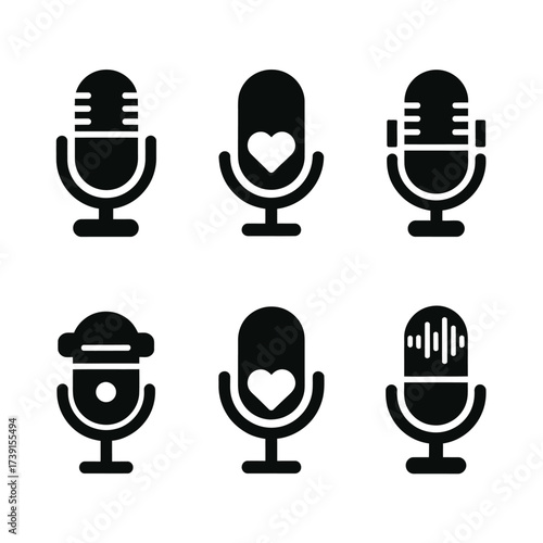 Set of six vector silhouette microphones iconic illustrations for audio recording broadcasting and podcasting projects silhouette White background