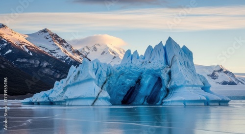 Majestic Iceberg Floating Serene Waters Landscape against Snow Mountain backdrop