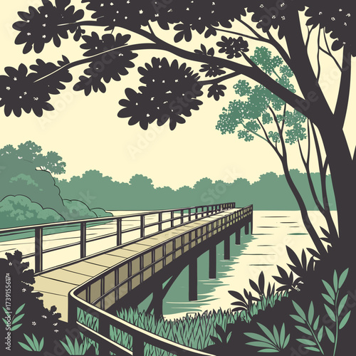 Vector art of a picturesque view of a wooden bridge stretching across a tranquil lake, framed by lush trees and foliage, creating a serene and inviting scene in a natural setting with a vintage vibe