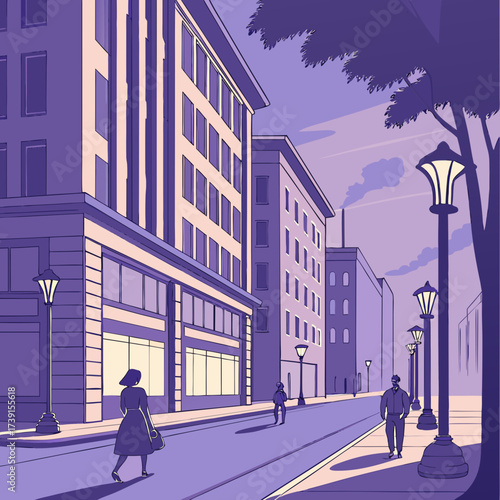 Vector art of a vintage city street scene at dusk, featuring classic architecture, street lamps casting a warm glow, and pedestrians strolling along the sidewalk in a nostalgic atmosphere