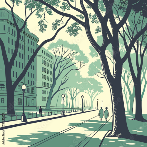 Vector art of a tranquil city park scene with people strolling along a treelined path, surrounded by buildings and streetlights, capturing the essence of urban serenity and beauty with a vintage vibe