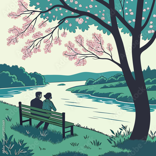 Vector art of a romantic scene of a couple sitting on a bench under a blossoming tree, overlooking a tranquil river and lush landscape, capturing the essence of love and peaceful contemplation