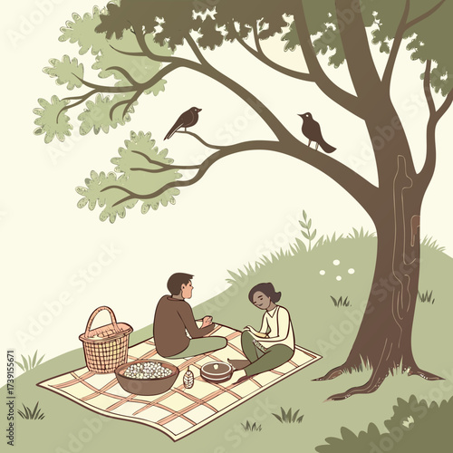 Vector art of a couple enjoys a peaceful picnic under a large tree, with two birds perched on its branches, creating a serene and idyllic scene of relaxation and connection in natures embrace