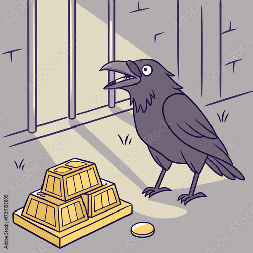 Vector art of a clever raven guards a stash of gold bars behind prison bars, hinting at themes of confinement, cunning, and the allure of hidden riches