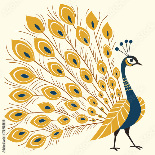 Vector art of an elegant peacock fans its golden tail feathers, each adorned with a striking blue eye, creating a display of opulence and natural beauty, a symbol of pride and grace