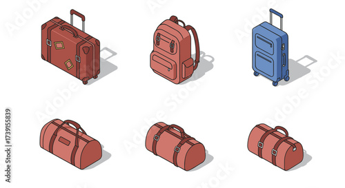 Isometric travel bags and suitcases collection with various styles and colors