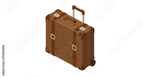 Isometric vintage suitcase with leather accents on wheels