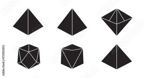 Geometric shape collection with black silhouette pyramids and prisms