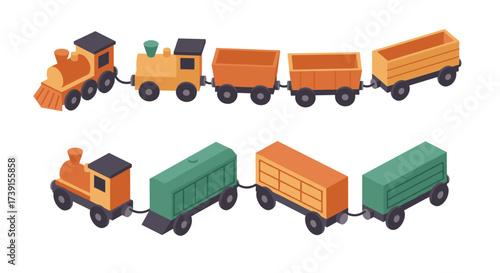 Colorful isometric toy train set with different cargo cars on white background