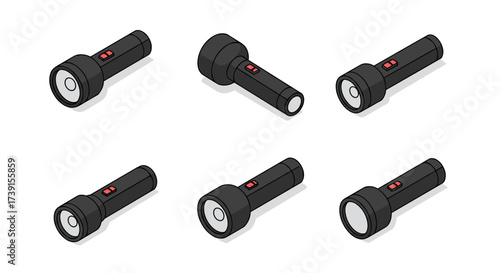 Collection of isometric flashlights from various angles with minimalist design