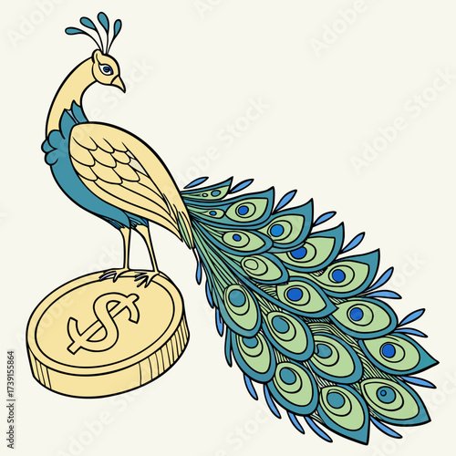 Vector art of a majestic peacock standing gracefully on a gold coin with a dollar sign, , representing financial abundance and investment growth in a charming design