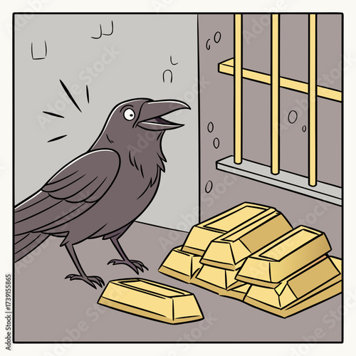 Vector art of a clever raven discovers a hidden stash of gold bars behind bars, its eyes wide with surprise and delight, symbolizing wealth, opportunity, and the rewards of intelligence