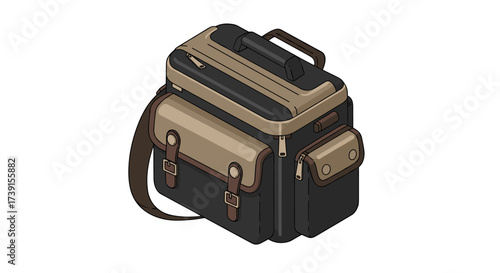Isometric travel bag with pockets and straps in brown and black design
