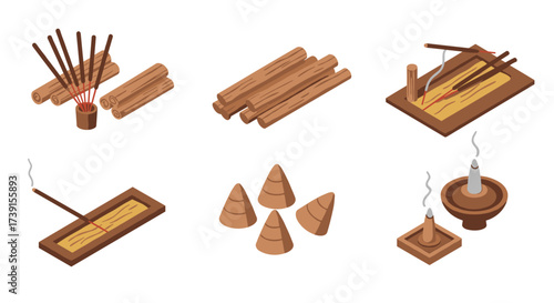 Isometric incense sticks and cones collection in wooden holders