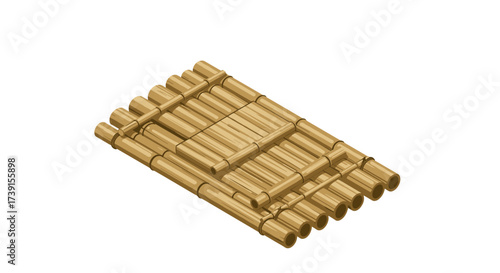 Isometric bamboo raft on white background: nature, travel, and adventure design element