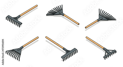 Set of garden rakes with wooden handles in isometric style