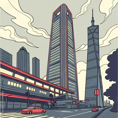 Vector art of a vibrant cityscape featuring towering skyscrapers, a bustling street with cars, and a modern train station, capturing the energy and dynamism of urban life in a stylized illustration