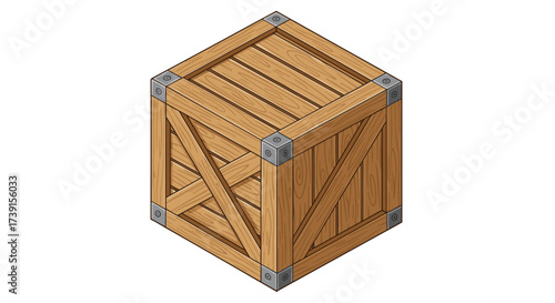 Wooden cargo box with metal reinforcements in isometric view