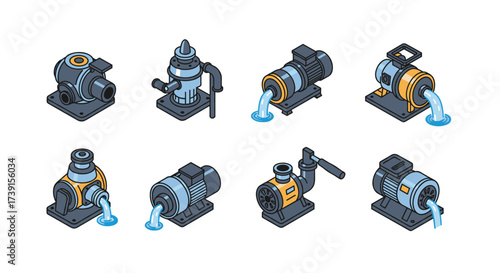 Set of isometric water pumps with flowing water in industrial style