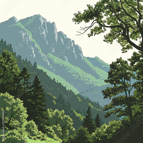 Vector art of a majestic mountain range covered in lush green forests, with towering peaks and a serene atmosphere, showcasing the beauty and grandeur of natures landscape in a scenic view