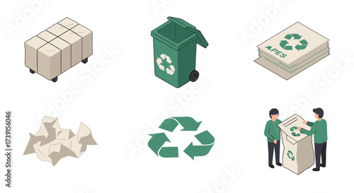 Recycling symbols and activities: isometric green waste management concepts