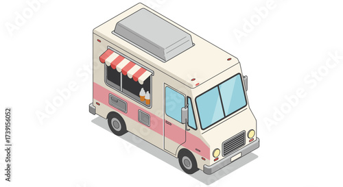 Isometric ice cream truck with pastel colors and open window display