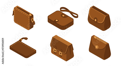 Stylish isometric leather bags in various designs and shades of brown