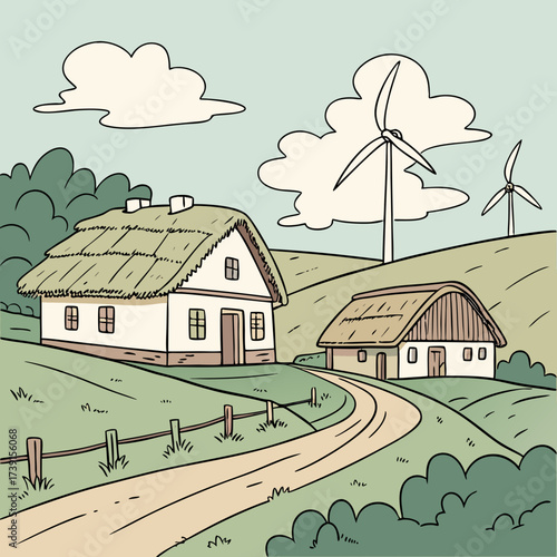 Illustration of traditional houses with wind turbines in the background, showcasing sustainable living and renewable energy sources in a rural landscape, promoting ecofriendly practices