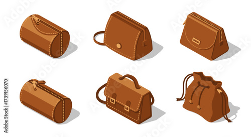 Isometric brown leather handbags collection set against white background