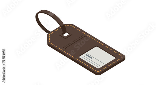 Isometric brown luggage tag with transparent window and stitch detail