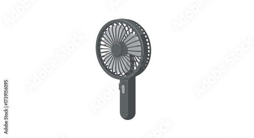 Isometric grey handheld fan with switch on white background