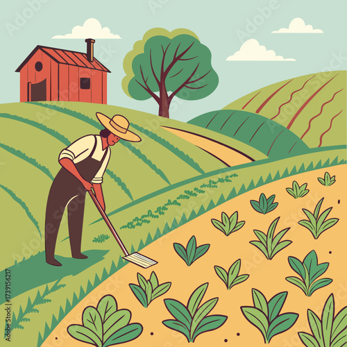 Vector art of a farmer in overalls and a straw hat tending to his crops in a field with a barn and trees in the background, showcasing a rural scene of agriculture and countryside life with a rake