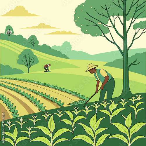 Vector art of a farmer tending to his crops in a field with a tree in the foreground, showcasing a rural scene of agriculture and countryside life with a rake and another farmer in distance