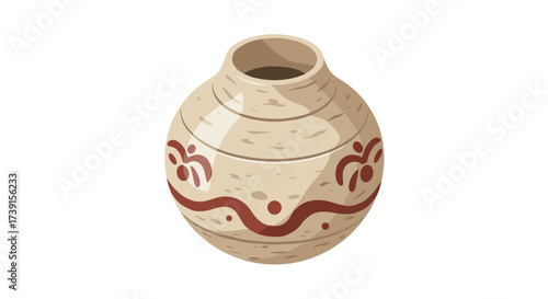 Ancient clay pot with tribal patterns in realistic style on white background