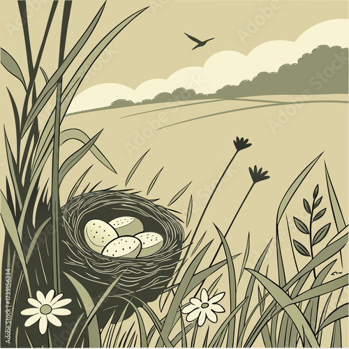 Vector art of a birds nest with eggs in a field of grass with a bird flying overhead, showcasing a natural scene of wildlife and countryside life with flower and plant in foreground