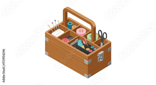 Isometric sewing kit with wooden box and craft supplies for tailoring projects