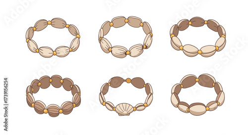Set of cartoon seashell bracelets on white background