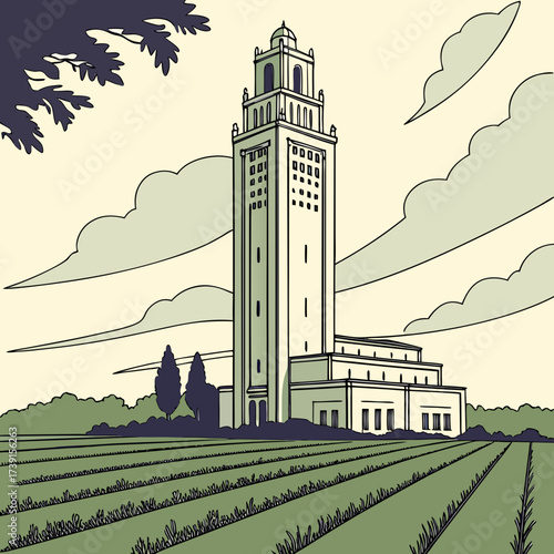 Vector art of a captivating vector illustration showcases a towering building, possibly a library, standing proudly amidst a serene landscape, complete with a field and picturesque clouds