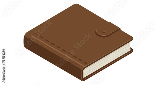 Brown leather notebook with strap in isometric style on white background