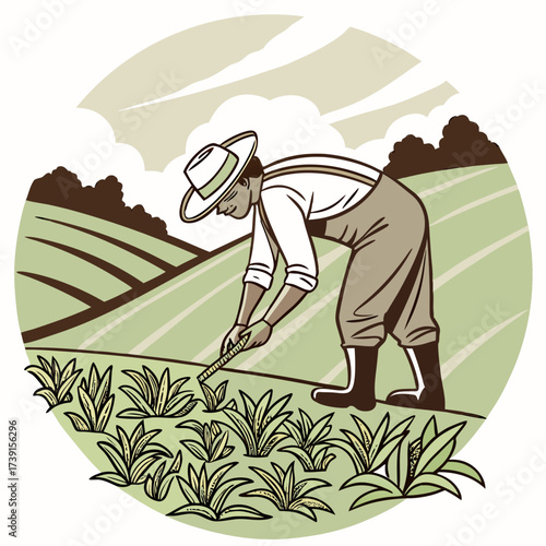 Vector art of, a farmer tending to his crops in a field, embodying the hard work and dedication of agriculture in a traditional setting